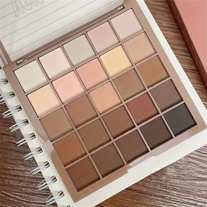 25-Color Eyeshadow Palette - Neutral Gray and Brown Earth Tones, Coffee and Chocolate-Style Shades, Creating a Versatile, Natural to Dramatic Makeup Look